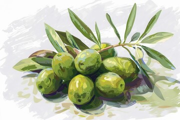 Cluster of green olives with leaves on branch. Realistic painting with soft background. Mediterranean cuisine and organic food concept. Generative AI