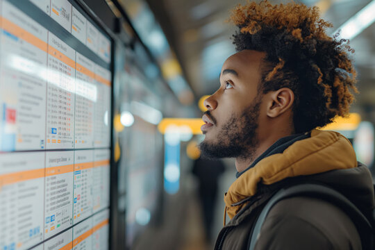 Man checking transit schedules. A young man looks at a bus or train schedule on a digital screen. Useful for travel, transportation, and urban lifestyle themes