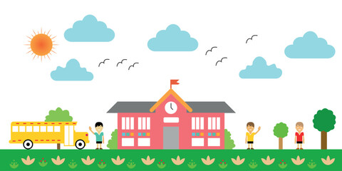 Fototapeta premium Welcome back to school. Seamless panoramic background with school building in flat style.