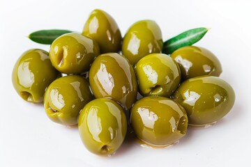 Pile of green olives with leaves on white background. High-resolution close-up photograph. Mediterranean cuisine and healthy snack concept. Generative AI