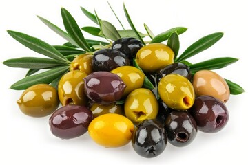 Assorted olives with leaves on white background. High-resolution close-up photograph. Mediterranean cuisine and gourmet food concept. Generative AI