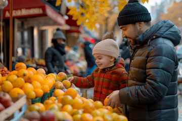 Fototapeta premium Father and son shopping for fresh fruits. A charming moment at a local market with autumn leaves in the background. Ideal for fall promotions, family lifestyle concepts, and urban scenes.