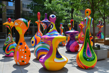 A collection of vividly painted, abstract sculptures in an outdoor plaza.