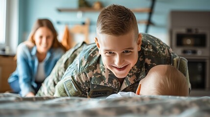 Happy baby boy having fun with his father smiling in army uniform in home