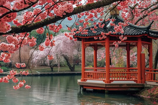 Japanese gazebo and blooming sakura on the river bank - Powered by Adobe