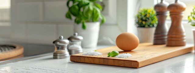  Calm, Rustic Kitchen Scene with Fresh Vegetables, Eggs, and Minimal Cookware Accents. Soft Natural Lighting, Earthy Tones, and Blurred Background Create Serene, Inviting Atmosphere for Food or Lifest