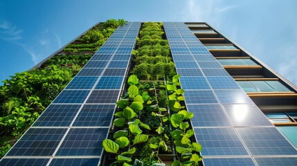 Modern sustainable building facade with solar electric panels and vertical garden with climbing green plants