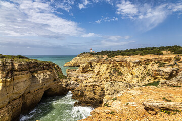 Portuguese coast in Benagil, Algarve, Portugal. Peninsula. Seven Hangging Valleys Trail.