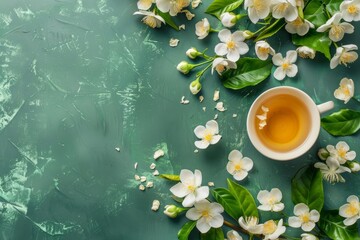 Green backdrop with jasmine tea and floral arrangements