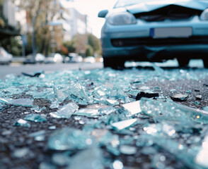 Car accident scene with shattered glass on asphalt, close-up of damaged blue vehicles on city street