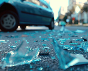 Car accident scene with shattered glass on asphalt, close-up of damaged blue vehicles on city street