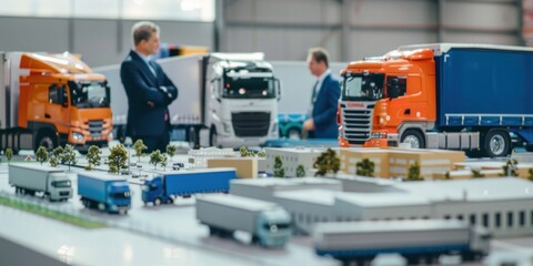 Representatives of various logistics companies discussing cooperation. They are discussing a model or plan of a joint distribution