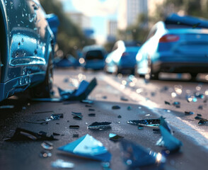 Car accident scene with shattered glass on asphalt, close-up of damaged blue vehicles on city street