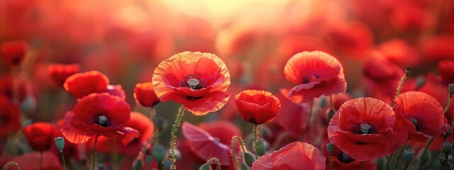 Obraz premium Red poppy flowers in park or garden for memorial day concept