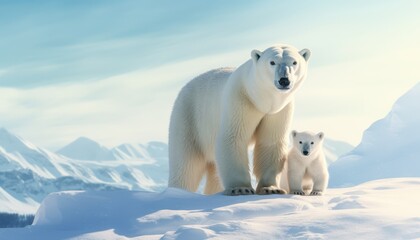 Polar bears walks in extreme winter weather, standing above snow with a view of the frost mountains