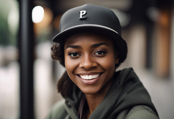portrait of a young black woman in cap with sincere smile, isolated white background
