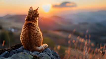A ginger cat sits on the top of mountain and watches sunset over distant hills, award winning photography by national geographic.
