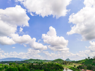 Blue sky background with clouds and forest. Bright sky and clouds of the day. Rain wood nature. Long holiday, background for relaxation mood Relaxation.