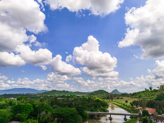 Blue sky background with clouds and forest. Bright sky and clouds of the day. Rain wood nature. Long holiday, background for relaxation mood Relaxation.