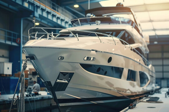 Workers assemble intricate components, building a bespoke luxury yacht in specialized workshop.