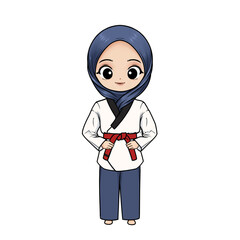 illustration of a taekwondo girl wearing a uniform and hijab with a red striped belt on a transparent background