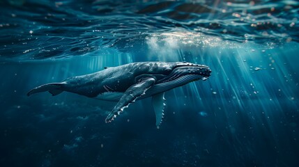 A humpback whale swimming in the ocean, blue water, underwater photography, in the style of national geographic photography.
