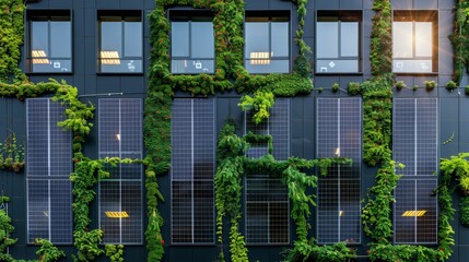 Modern sustainable building facade with solar electric panels and vertical garden with climbing green plants