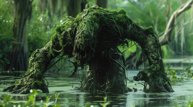 a monster with long arms and large teeth, covered in moss is emerging from the swampy waters of an overgrown forest