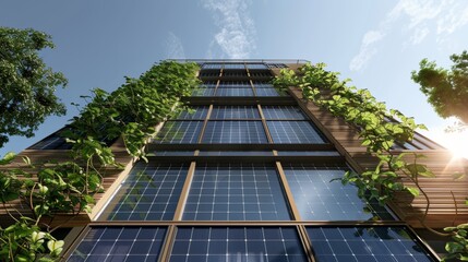 Modern sustainable building facade with solar electric panels and vertical garden with climbing green plants