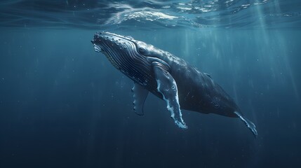 Fototapeta premium A humpback whale swimming in the ocean, blue water, underwater photography, in the style of national geographic photography. 