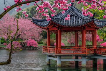 Japanese gazebo and blooming sakura on the river bank