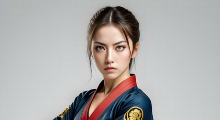 Ethereal woman wearing sexy martial art uniform, high quality portrait, isolated on a background