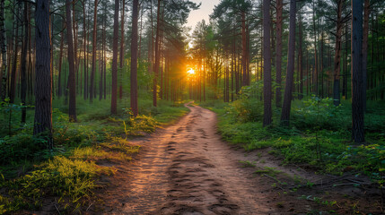 Naklejka premium A serene forest path at sunset with tall trees and lush greenery.