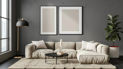 Gray walls, luxurious color tones, Frame mockup, ISO A paper size, modern living room, black floor lamp and coffee table. Generative AI