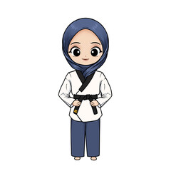 illustration of a taekwondo girl wearing a uniform and hijab with a black two stripes belt on a transparent background