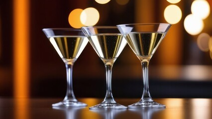 A set of three martini glasses filled with a clear beverage, with bokeh lights in the background. The elegant setup and soft lighting create a luxurious and festive mood