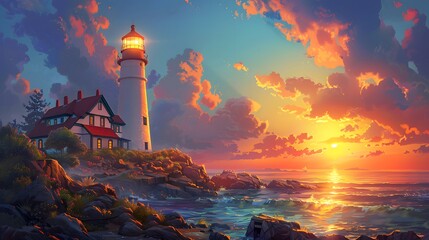 A lighthouse stands on the rocky shore, illuminated by its light against the backdrop of an orange sunset with clouds in the sky.
 - Powered by Adobe