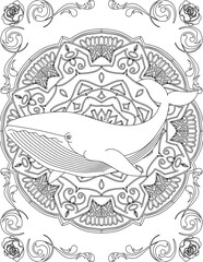 Whale on Mandala Coloring Page. Printable Coloring Worksheet for Adults and Kids. Educational Resources for School and Preschool. Mandala Coloring for Adults