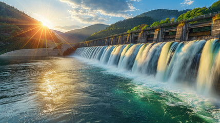 sunlight reflecting off the water as it cascades from the hydroelectric dam