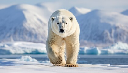 Polar bears walks in extreme winter weather, standing above snow with a view of the frost mountains