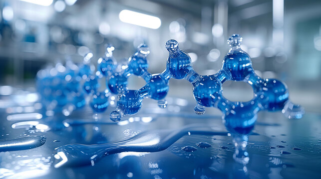Close-up of a blue molecular structure model with water droplets on a reflective surface in a laboratory setting.