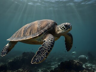 A majestic turtle gracefully glides through the vast ocean, showcasing its serene beauty and tranquility