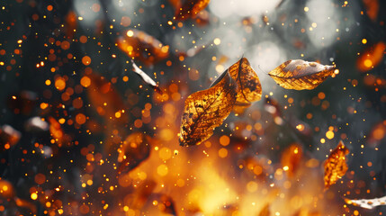 leaves floating in the air, orange and gold hues, fire embers particles flying around