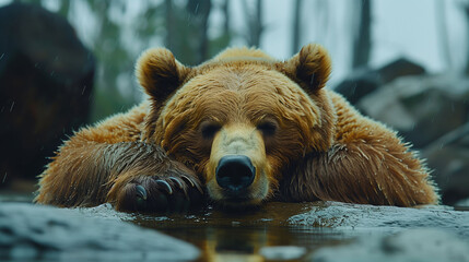 A large brown bear resting its head on a rock near a water body in a forested area. The bear appears to be calm and relaxed, with its eyes partially closed.