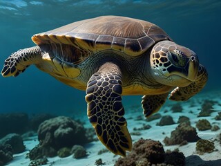 Fototapeta premium A majestic turtle gracefully glides through the vast ocean, showcasing its serene beauty and tranquility
