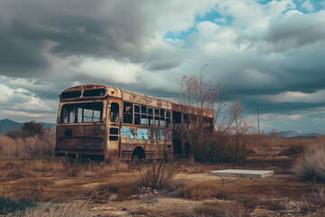 Abandoned Bus in Rural Setting: Eerie, Decaying Vehicle with Overgrown Vegetation
