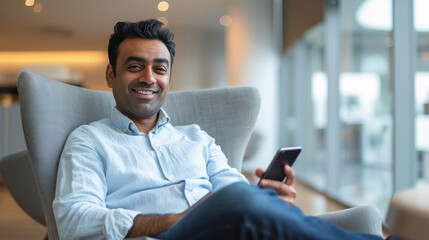 young indian man holding smartphone at home
