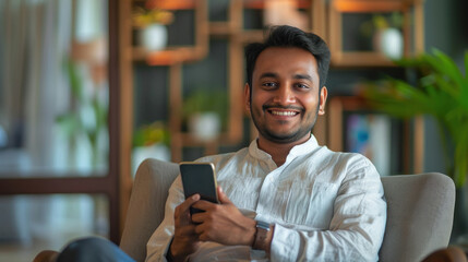young indian man holding smartphone at home