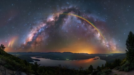 A panoramic photo of the Milky Way over Lake Celestial's summer night sky, featuring vibrant colors and a radiant rainbow arching across its center.
