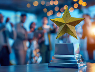 Extreme closeup of a star trophy on a podium, with excited business professionals celebrating in the background